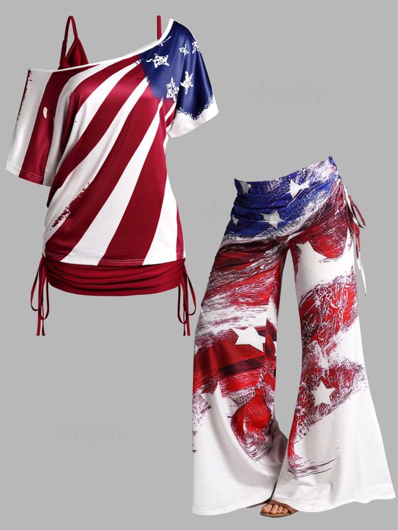 Ensemble Patriotique de Débardeur Long à Imprimé Drapeau Américain à Lacets et Pantalon Evasé à Jambe Large - multicolor S