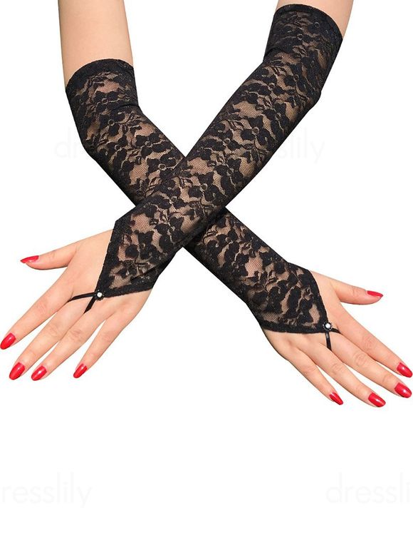 Gants en Dentelle Transparente avec Strass - Noir 1 PAIR