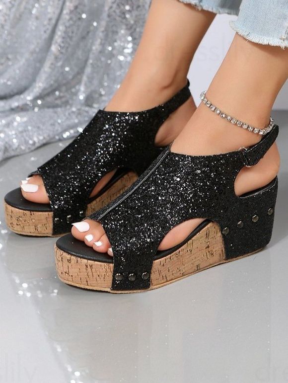 Glitter Wedge Heels Buckle Strap Open Toe Outdoor Sandals - Noir EU 38