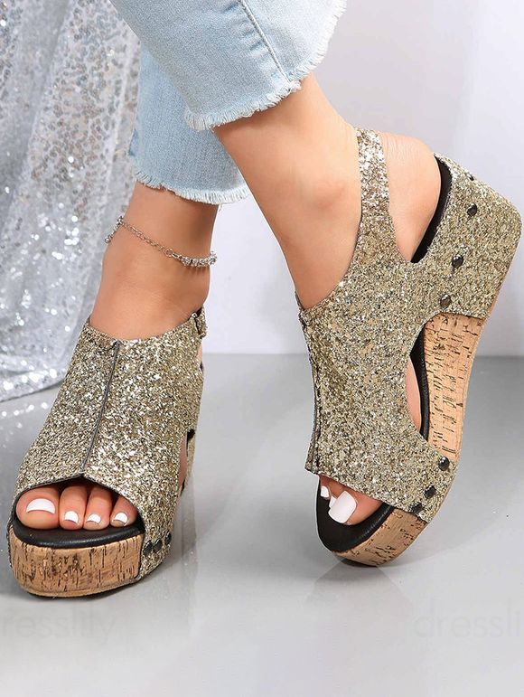 Glitter Wedge Heels Buckle Strap Open Toe Outdoor Sandals - d'or EU 42