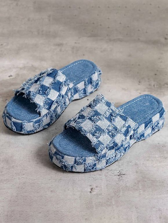 Plaid Frayed Slip On Thick Platform Trendy Outdoor Slippers - Bleu EU 38