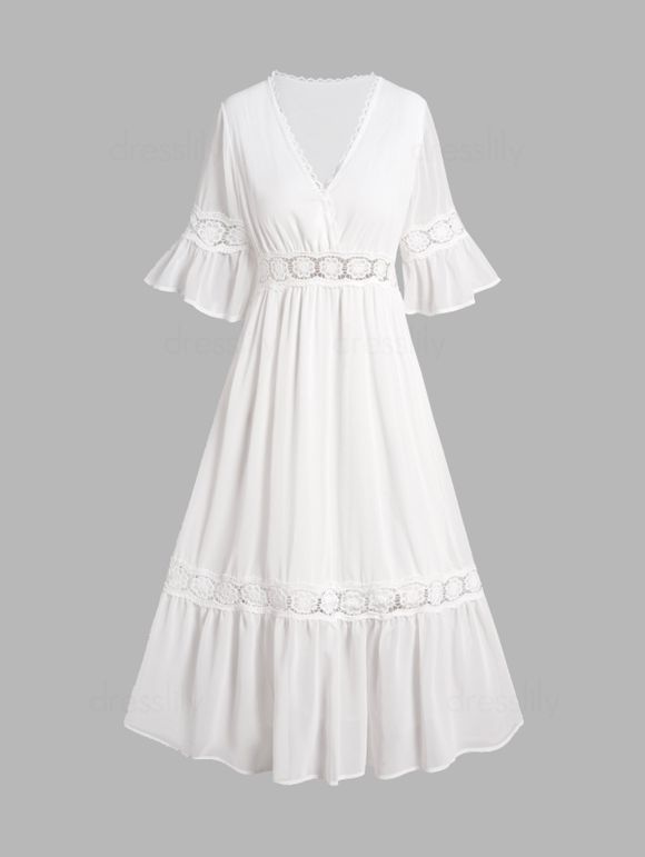 Robe Mi-Longue Superposée Fleurie en Dentelle à Taille Haute en Mousseline de Soie à Manche Courte - Blanc L