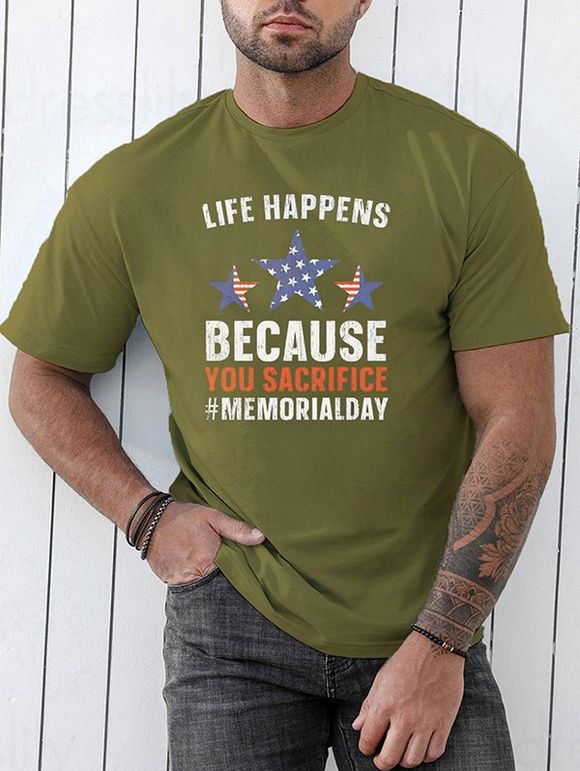 T-shirt Décontracté Patriotique à Imprimé Etoile Graphique Rayure et Slogan à Manches Courtes - Vert profond XXXL