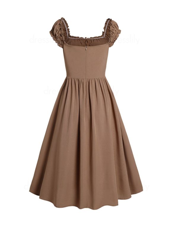 Robe Vintage Mi-Longue Taille Haute à Lacets à Volants à Col Carré - café XL