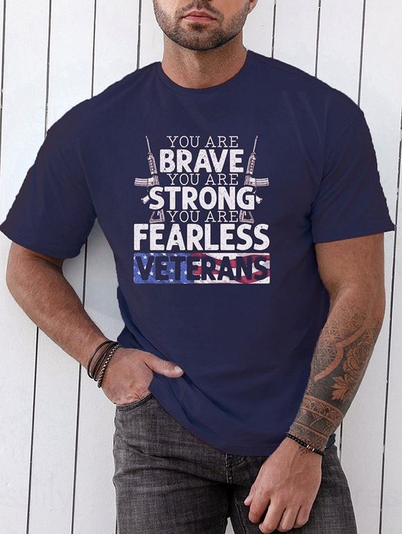 T-shirt Décontracté à Imprimé Etoile et Slogan Manches Courtes à Col Rond - Bleu profond XXXL