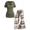 Ensemble de T-shirt Peekaboo Évidé Plissé Imprimé Découpé en Dentelle Couleur Unie et Pantalon Teinté à Jambe Large - multicolor S