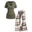Ensemble de T-shirt Peekaboo Évidé Plissé Imprimé Découpé en Dentelle Couleur Unie et Pantalon Teinté à Jambe Large - multicolor S