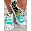 Colorblock Leopard Print Frayed Hem Lace Up Flat Platform Outdoor Canvas Shoes - Vert EU 39
