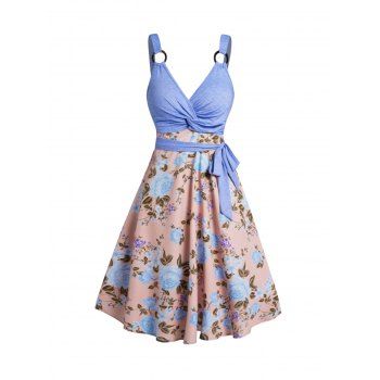 

Flower Print Colorblock Midi Dress Twist Front Belted Plunge O Ring Cottagecore Dress, Light blue