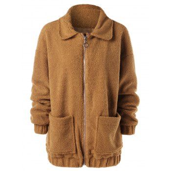 

Drop Shoulder Zipper Faux Fur Coat, Brown