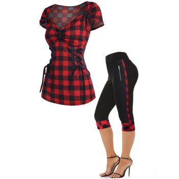 

Corset Lace Up Sweetheart Neck Plaid Checkerboard T Shirt and Plaid Panel Wide High Waist Zipper Detail Capri Leggings Summer Casual Outfit, Black