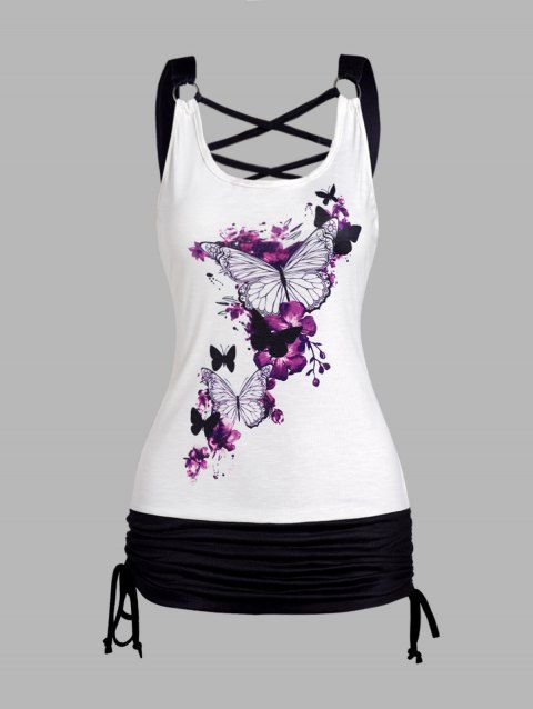 Butterfly Flower Print Tank Top Colorblock Crisscross Cinched Ruched Tank Top