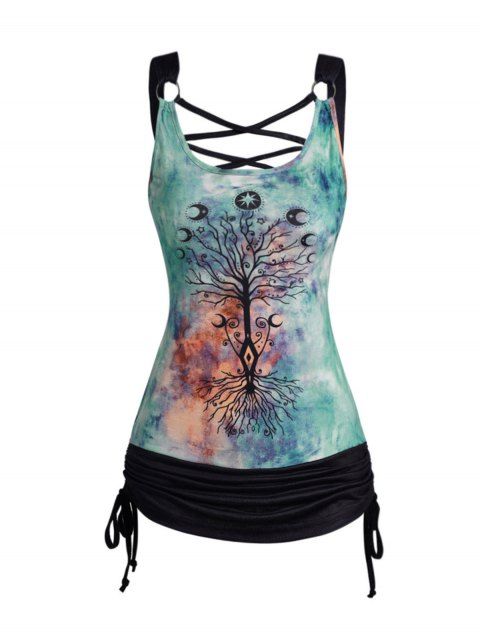 Tie Dye Tree Moon Print Tank Top Colorblock Crisscross Cinched Ruched Long Tank Top