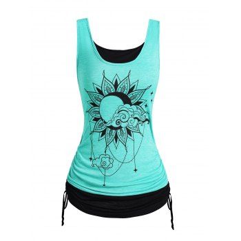 

Colorblock Cinched Tank Top Moon Flower Clouds Print Faux Twinset Tank Top, Light green