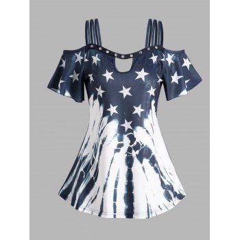 

Cold Shoulder Strappy T-shirt Tie Dye Star Print Eyelet Cut Out Short Sleeve Patriotic Tee, Deep blue