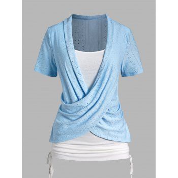 

Colorblock Hollow Out Cinched Faux Twinset T-shirt Crossover Short Sleeve 2 In 1 Tee, Light blue