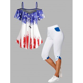 

Cold Shoulder Star Striped Print Patriotic Long T Shirt And Two Tone Mock Button Tulip Hem Capri Leggings Patriotic Outfit, Multicolor