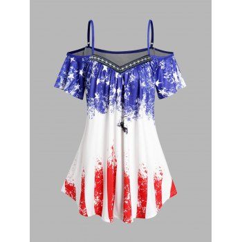 

Cold Shoulder T Shirt Star Striped Geometric Print Patriotic Long Tee, Multicolor