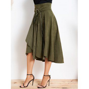 

Plain Color Skirt Self Belted O-ring Ruffle Zipper Fly A Line Midi Skirt, Deep green