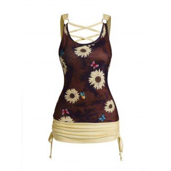 

Sunflower Butterfly Print Tank Top Crisscross Cinched Ruched Colorblock Long Tank Top, Deep coffee