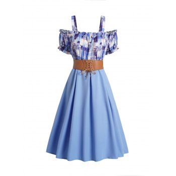 

Cold Shoulder Dress Plaid Flower Print Ruffle Lace Up Belted High Waisted A Line Midi Dress, Light blue