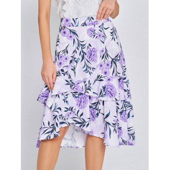 

Allover Flower Print Asymmetric Midi Skirt Layered Flounce Overlap High Waist A Line Skirt, Light purple