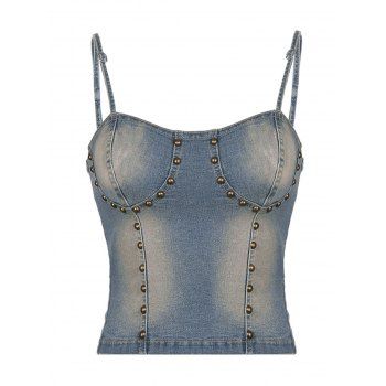 

Rivets Lace Up Denim Camisole Busted Adjustable Spaghetti Strap Faded Wash Jean Tank Top, Blue