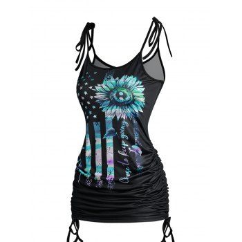 

Colored Striped Flower Star Letter Print Tank Top Tied Shoulder Cinched Ruched Long Tank Top, Multicolor