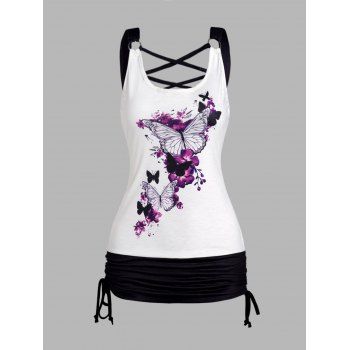 

Butterfly Flower Print Tank Top Colorblock Crisscross Cinched Ruched Tank Top, White