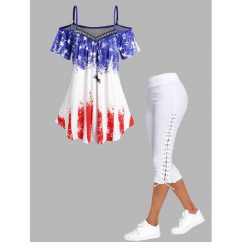 

Patriotic Cold Shoulder Star Striped Geometric Print Long T Shirt And Lace Up Capri Leggings Outfit, Multicolor
