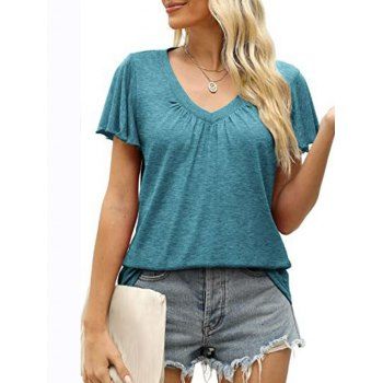 

Ruched Flutter Sleeve T-shirt V Neck Casual Heathered Tee, Green