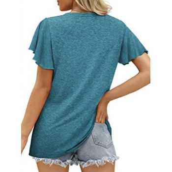 Ruched Flutter Sleeve T-shirt V Neck Casual Heathered Tee