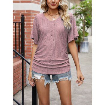 

Ruched Hollow Out Textured Batwing Sleeve T-shirt Solid Color V Neck Tee, Light pink