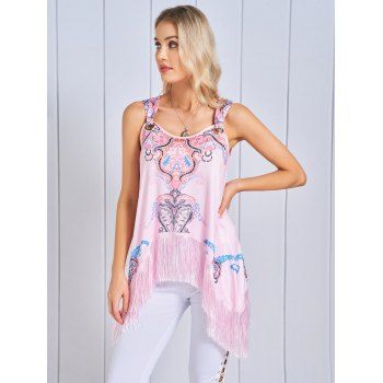 

Fringed Asymmetric Tank Top Floral Paisley Print Ethnic Long Tank Top, Light pink