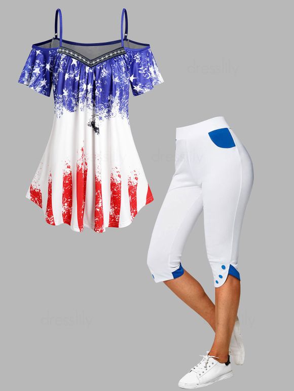 Ensemble de T-shirt Patriotique à Imprimé Etoile Rayé à Epaule Dénudée et Legging Capri Faux Bouton Ourlet Tulipe - multicolor S