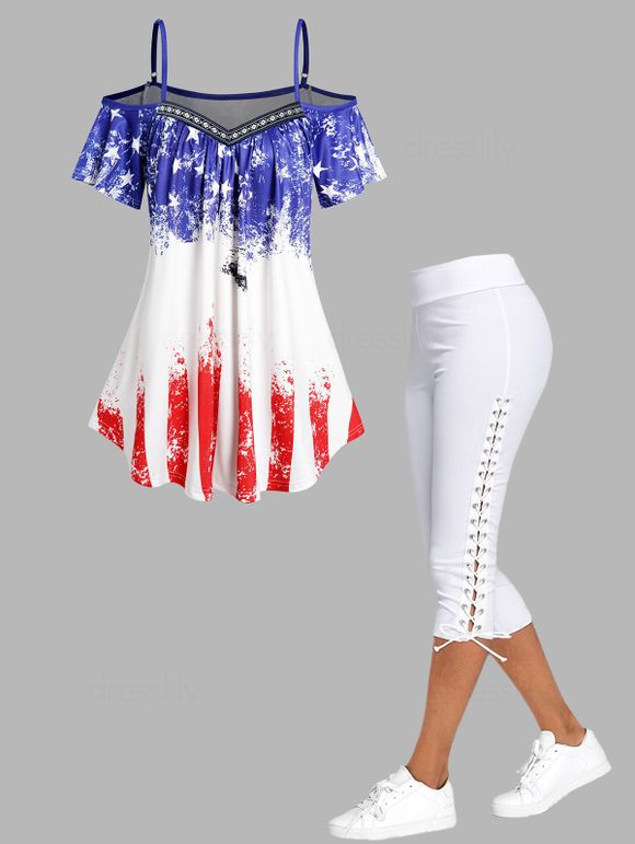 Ensemble de T-shirt Rayé à Imprimé Géométrique Etoile à Epaule Dénudée et Legging Capri à Lacets - multicolor S
