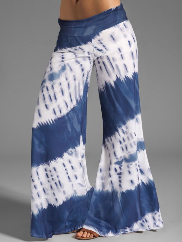 Pantalon Fluide Décontracté Long Teinté Imprimé Taille Haute à Jambe Large - Bleu XXL