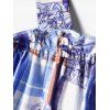 Robe Mi-Longue Linge A Ceinturée à Imprimé Fleur à Carreaux à Epaule Dénudée à Lacets - Bleu clair S