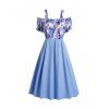 Cold Shoulder Dress Plaid Flower Print Ruffle Lace Up Belted High Waisted A Line Midi Dress - LIGHT BLUE M