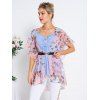 Flower Print Flutter Sleeve See Thru Chiffon Top And Ruched Mock Button Camisole Two Piece Set - multicolor XXL