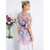 Flower Print Flutter Sleeve See Thru Chiffon Top And Ruched Mock Button Camisole Two Piece Set - multicolor XXL