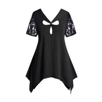 

Plus Size T Shirt Twist Cut Out Sheer Lace Asymmetrical Hem Plain Color Tee, Black