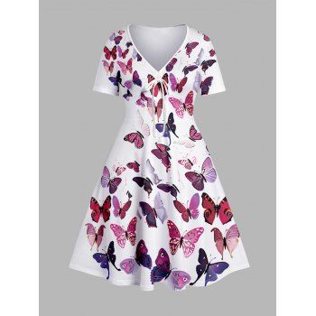 

Plus Size Dress Butterfly Print Bowknot Tied V Neck A Line Midi Dress, Purple