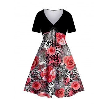 

Plus Size Dress Leopard Rose Pattern Bowknot V Neck A Line Midi Dress, Black