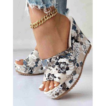 

Flower Print Slip On Open Toe Wedge Slippers, White