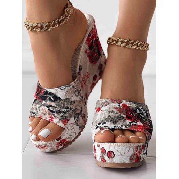 

Flower Print Slip On Open Toe Wedge Slippers, Red