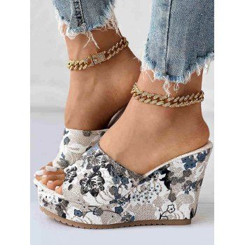 Flower Print Slip On Open Toe Wedge Slippers