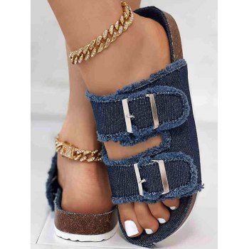 

Frayed Hem Denim Buckle Slip On Footbed Flat Slippers, Deep blue