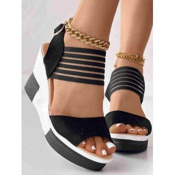 

Colorblock Buckle Strap Open Toe Wedge Sandals, Black