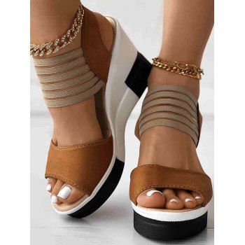 

Colorblock Buckle Strap Open Toe Wedge Sandals, Brown
